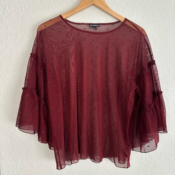 Express Sheer Fairy Top Polka Dot Burgundy Dark Vampire Fall Whimsigoth Large - Picture 1 of 5
